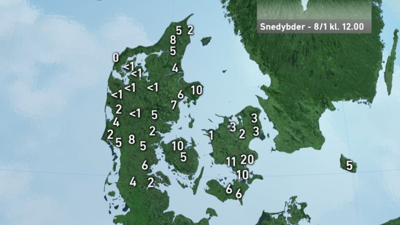 Sniego sluoksnio storis Danijos regionuose. Nuotr. Tv2 Weather