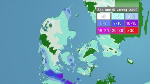 Sniego sluoksnis Danijos regionuose. Nuotr. vejret.tv2.dk